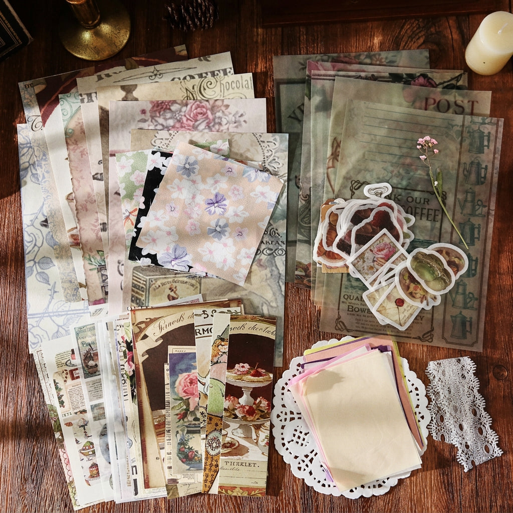 Ephemera pack contents with vintage postcards, hang tags, bookmarks and memo sheets – 140 pieces total