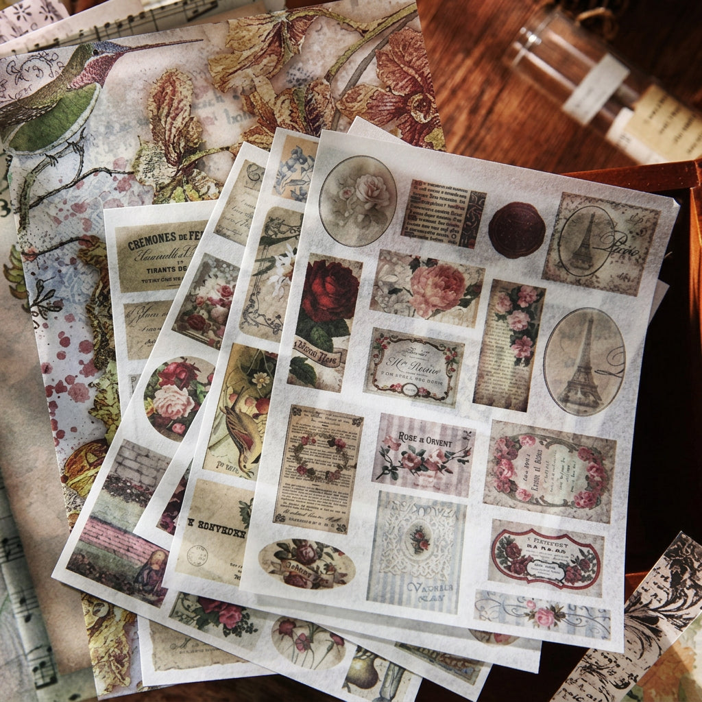 30 washi sticker sheets fanned out from the Whispers of Time ephemera pack – die-cut vintage illustrations