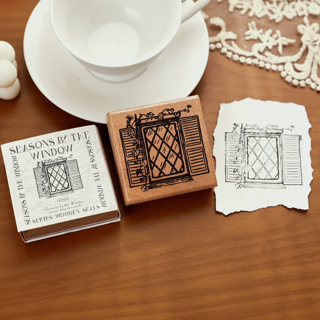 greenhouse window wooden stamp pair greenery scene impressions for journaling
