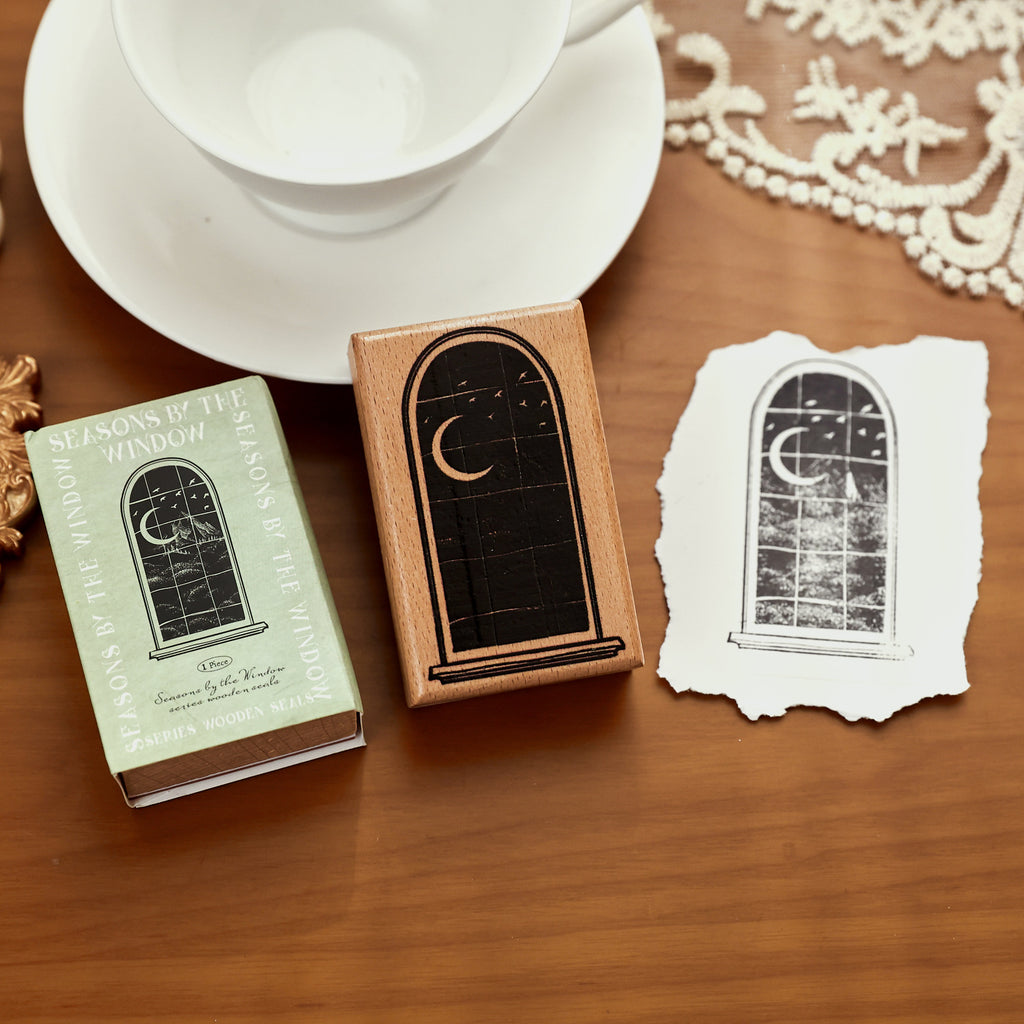 vintage arched window wooden stamp mint packaging seasons by the window series
