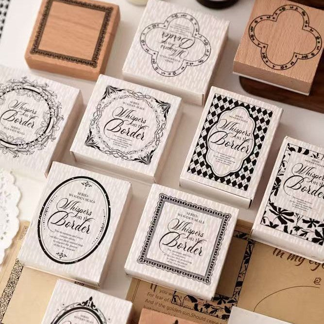 whispers of the border wooden stamp set all ten vintage frame designs with packaging
