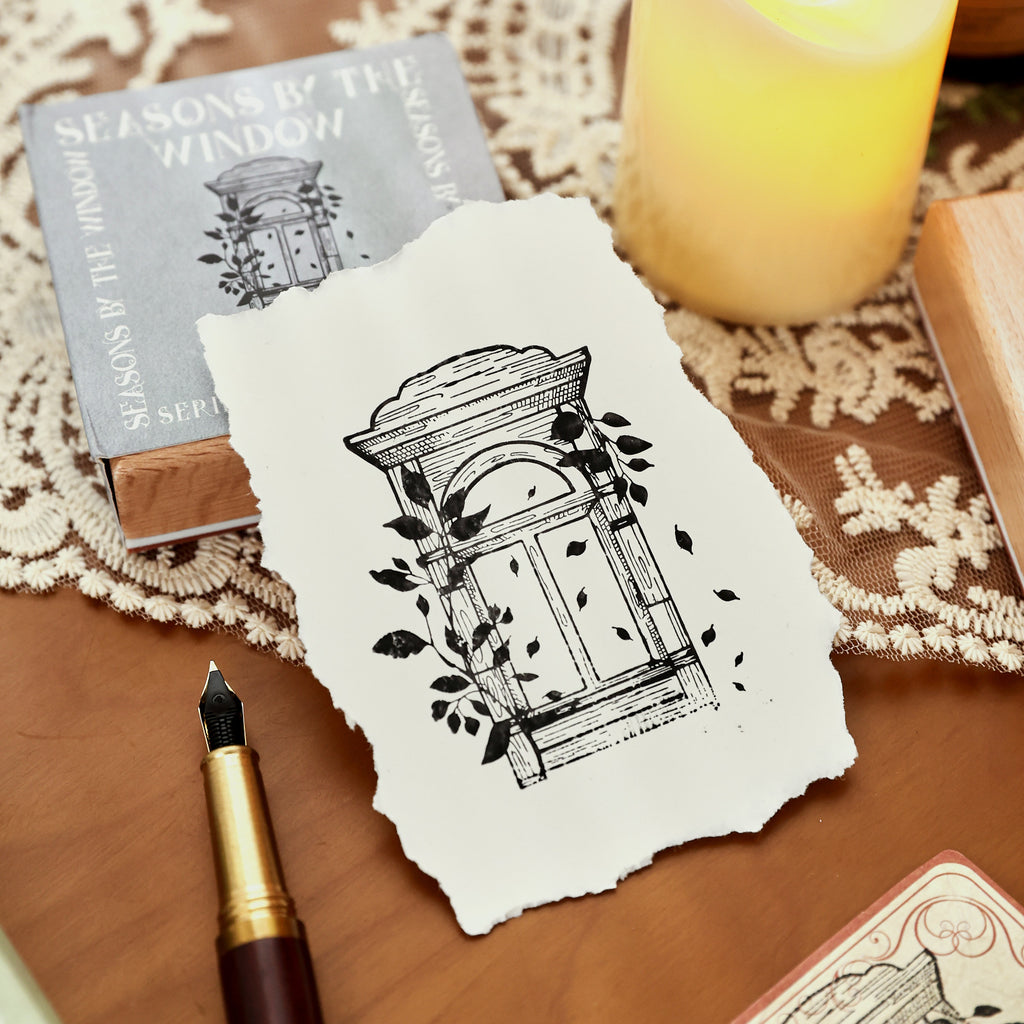 window scene stamp impression on deckle edge paper vintage journaling card making