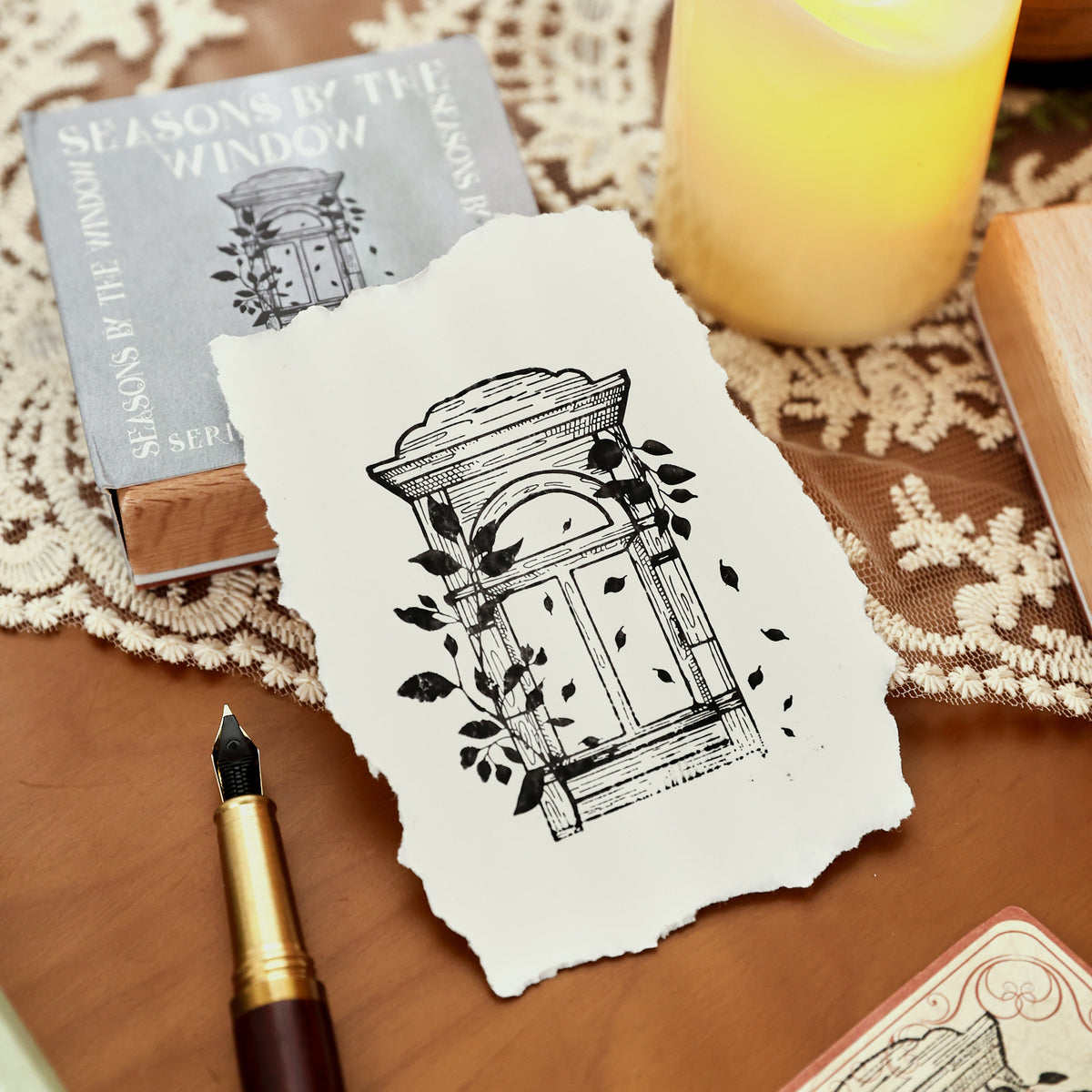 window scene stamp impression on deckle edge paper vintage journaling card making