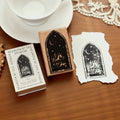 castle window wooden stamp arched frame with castle scene impression