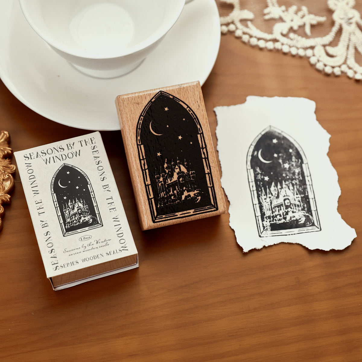 castle window wooden stamp arched frame with castle scene impression